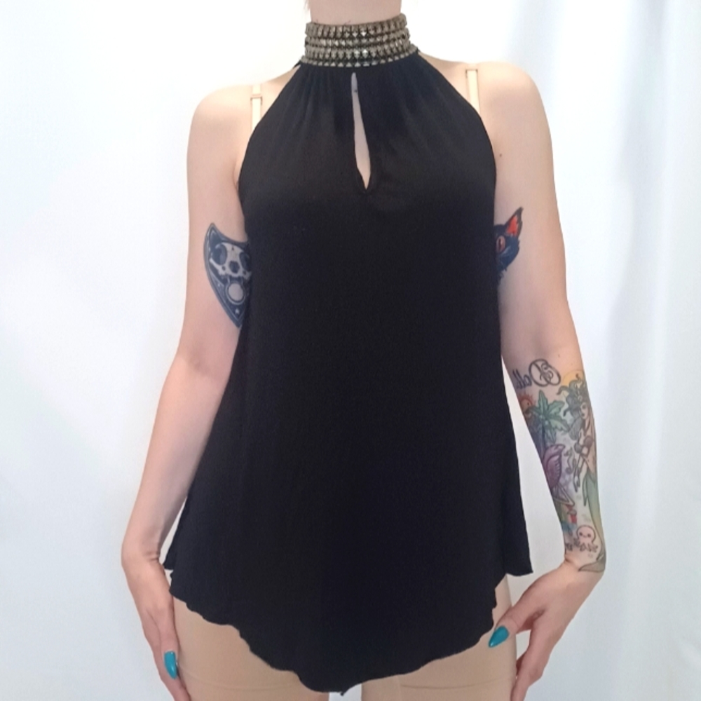 Object of Desire Black Sleeveless Studded Collar Blouse.